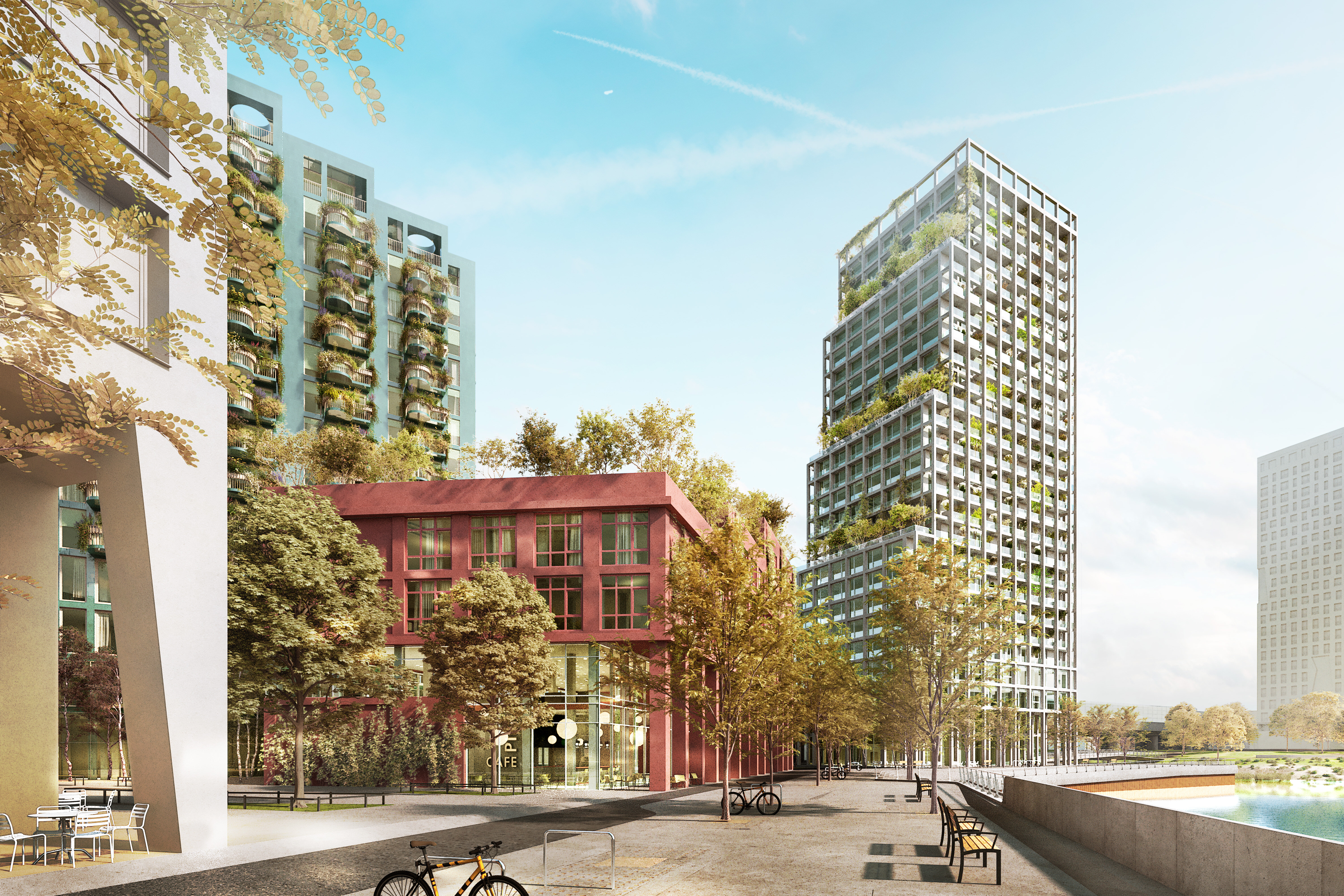 Animiertes Bild von der Seepromenade ohne Personen, im Hintergrund drei Gebäude, zwei davon sehr hoch, rechts der See