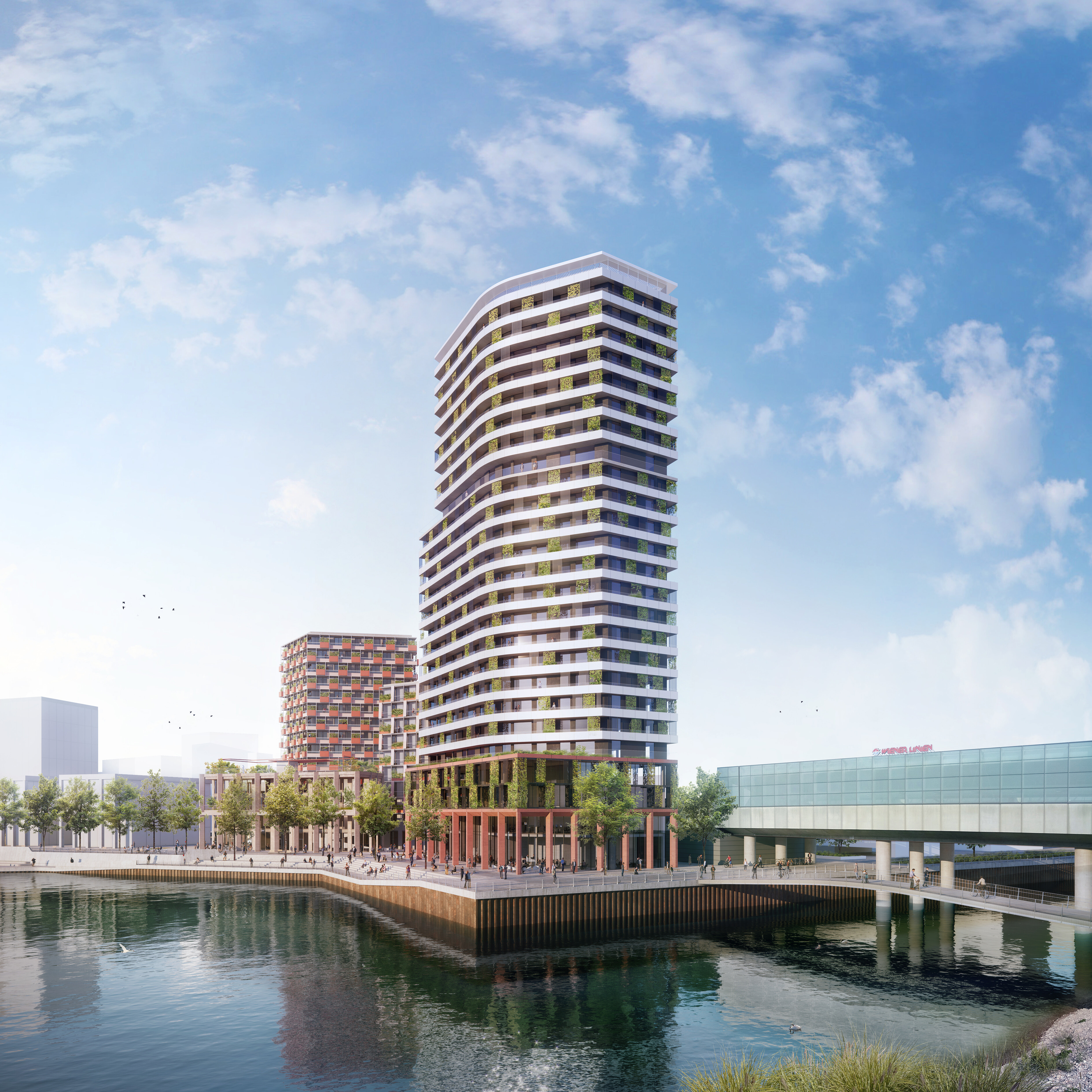 Animiertes Bild mit Seepromenade, auf welcher Menschen stehen. Dahiter ein hohes Gebäude und zwei niedrigere Gebäude