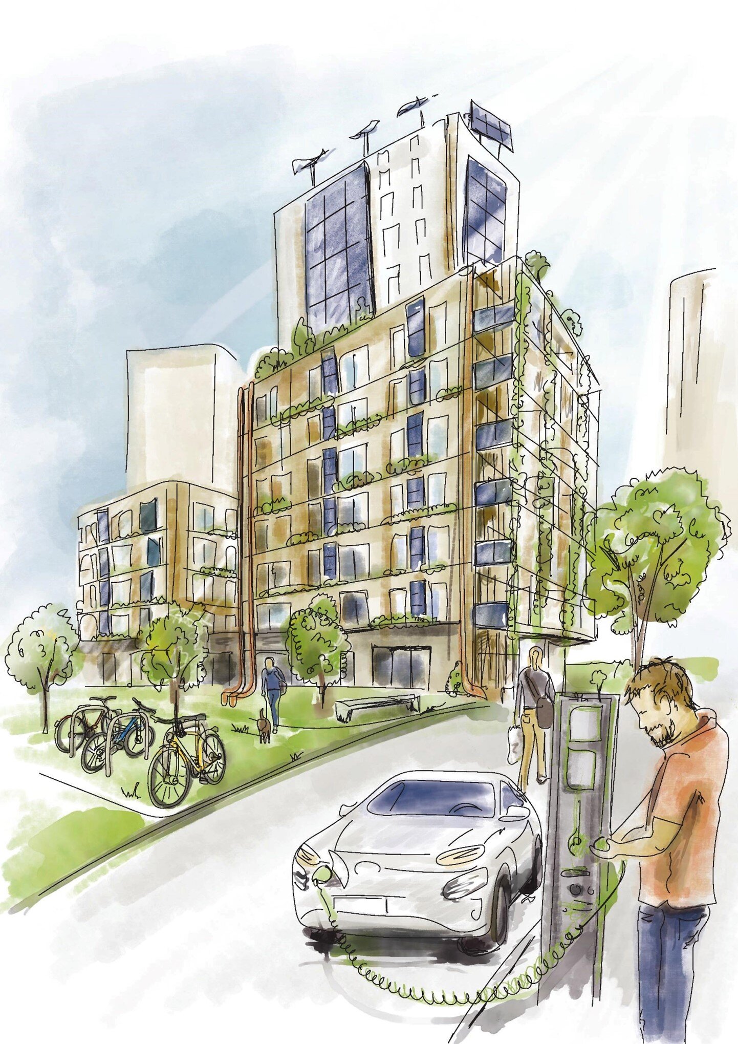 Gezeichnetes Bild mit einem Gebäude im Hintergrund, im Vordergrund ein Mann der sein E-Auto an eine Ladesäule ansteckt