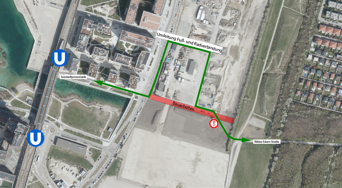 Aus der Vogelperspektive einen Teil des Stadtgebiets Seestadt sowie den See mit einer Einzeichnung wo die die Befahrung der Straße umgeleitet wird