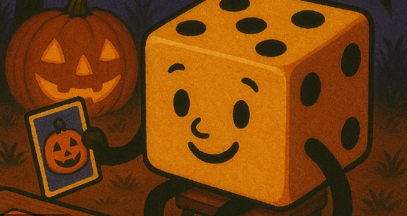 Ein Würfel mit Gesicht hält eine Karte in mit Kürbis darauf in der Hand