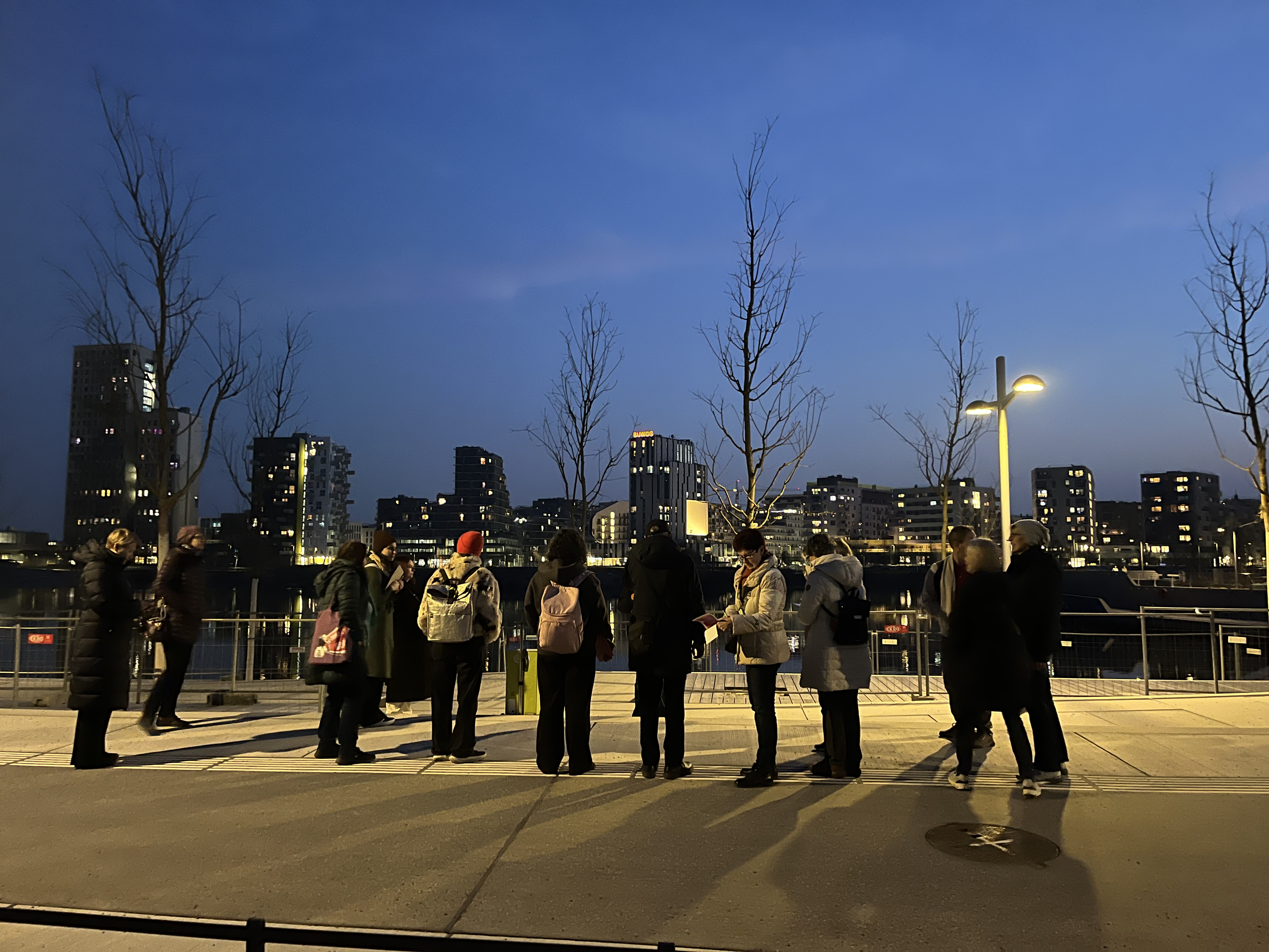 Gruppe von Menschen steht am Nordufer und im HIntergrund ist die Skyeline der Seestadt zu sehen 