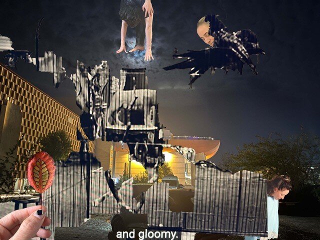 Dunkles Bild mit verschiedenen reingeschnittenen Komponenten, wie Menschen, Hände mit Federn, Köpfe 