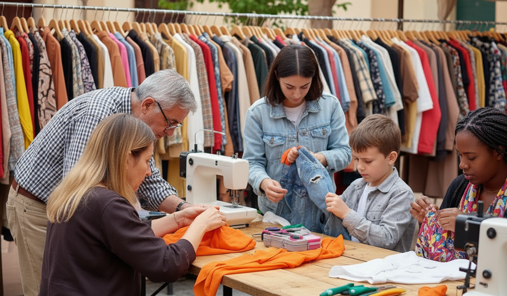 Personen, die Kleidung reparieren. Im Hintergrund eine Kleiderstange