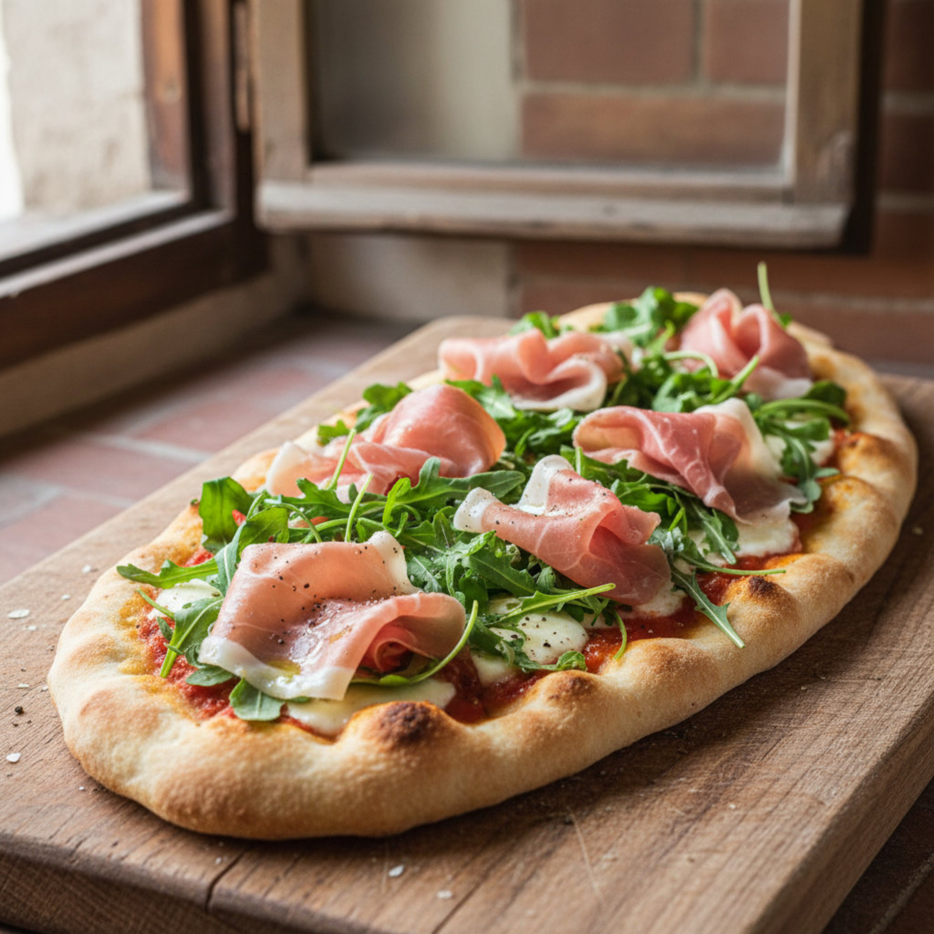 Ein Foto von einer Pinsa belegt mit Prosciutto und Rucola