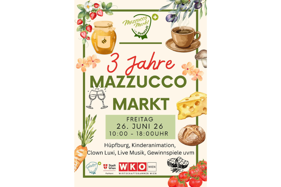 Buntes Plakat mit einer Einaldung zum 3-Jahres-Fest des Mazzucco-Marktes