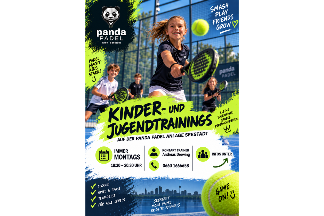 Plakat Panda Padel Trainings für Kinder, Jugendliche und Familien