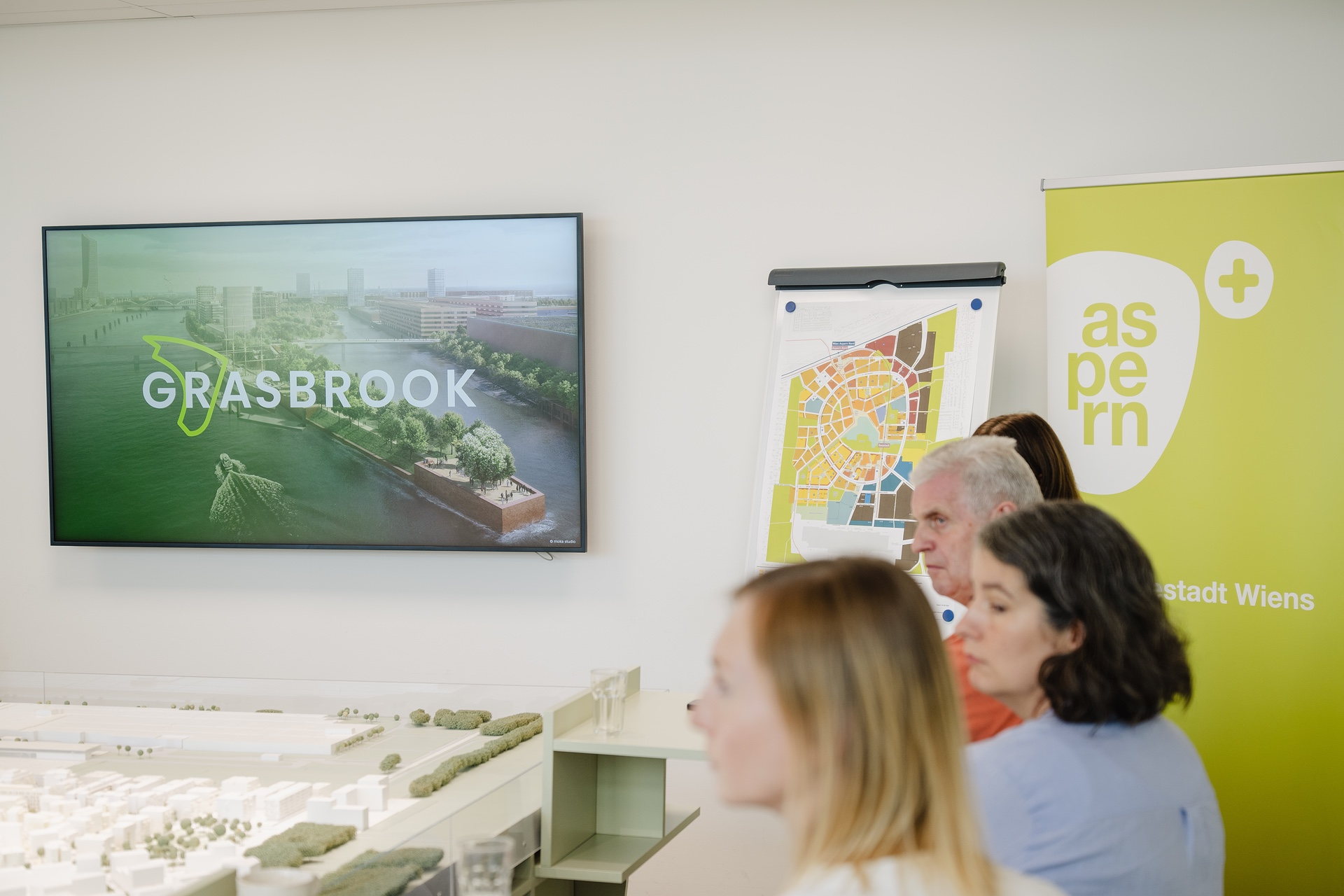 Bildschirm mit Präsentation und Aufschrift "Grasbrook"