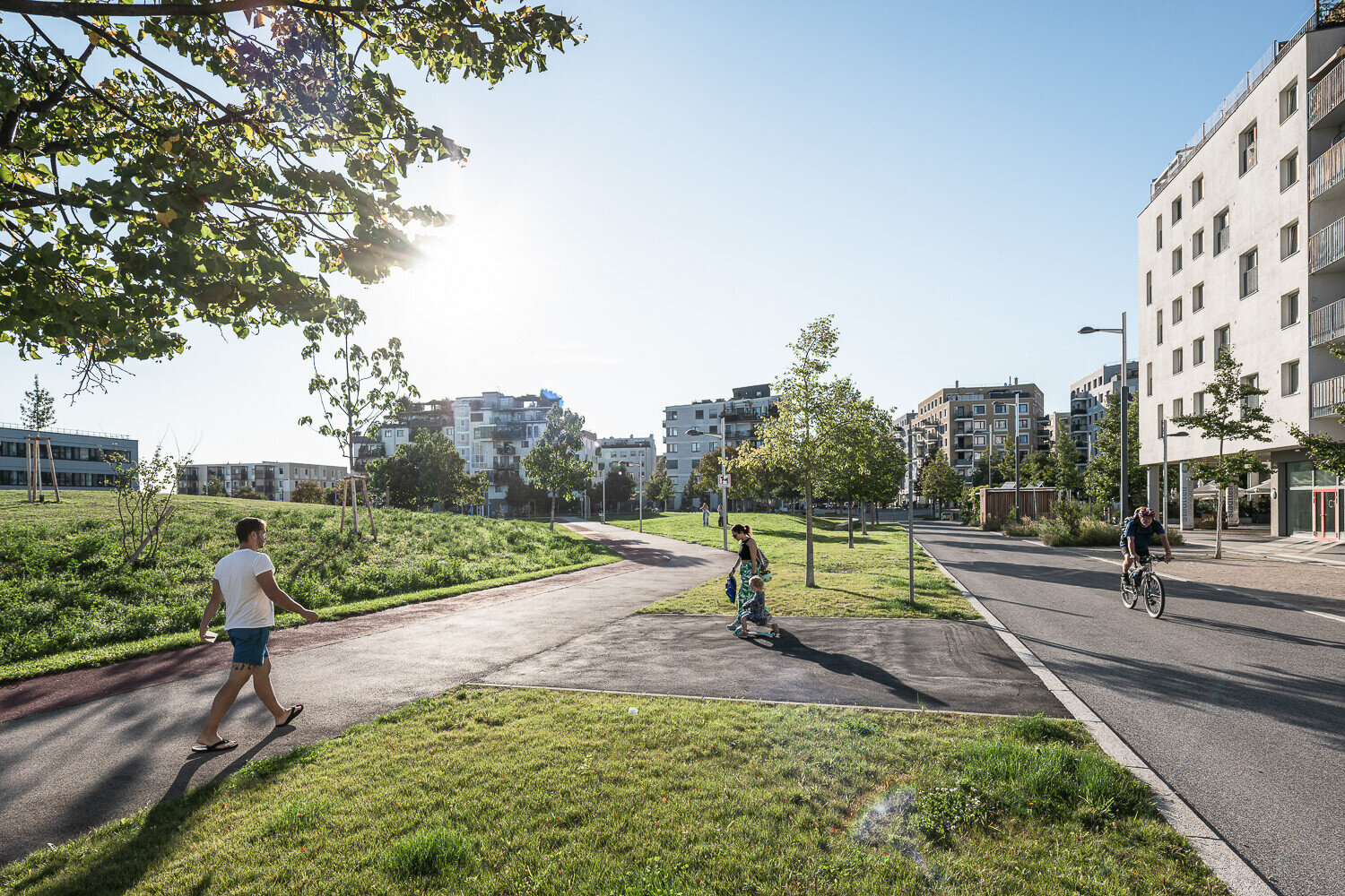 Leben Weitläufige Wege für Fußgänger und Radfahrer in der Seestadt, umgeben von Grünflächen und modernen Wohnhäusern, aufgenommen im warmen Abendlicht.