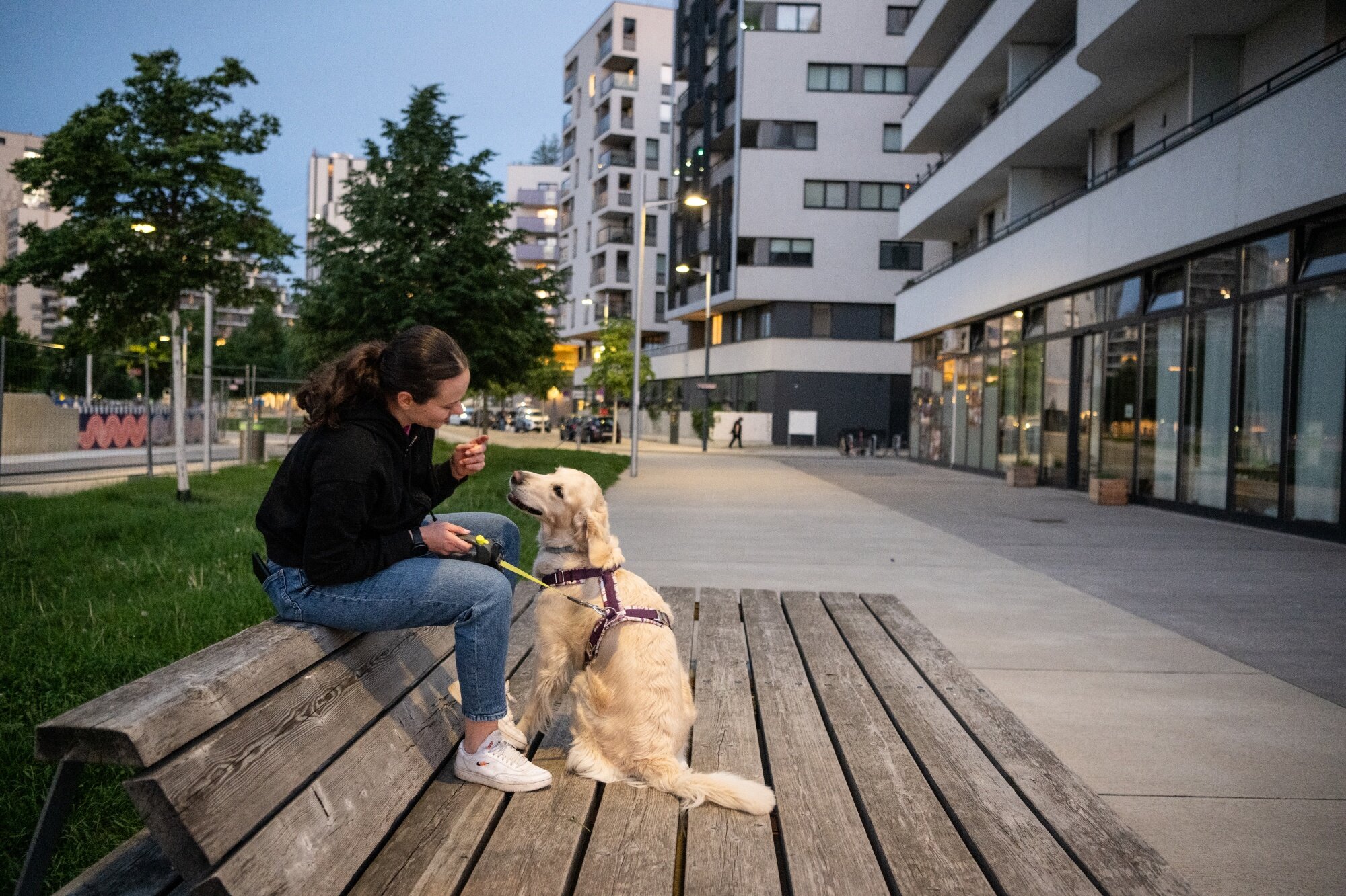 Frau sitzt mit Hund auf einer geräumigen Holzbank zwischen Park und modernen Gebäuden mit aktiver Erdgeschoßzone