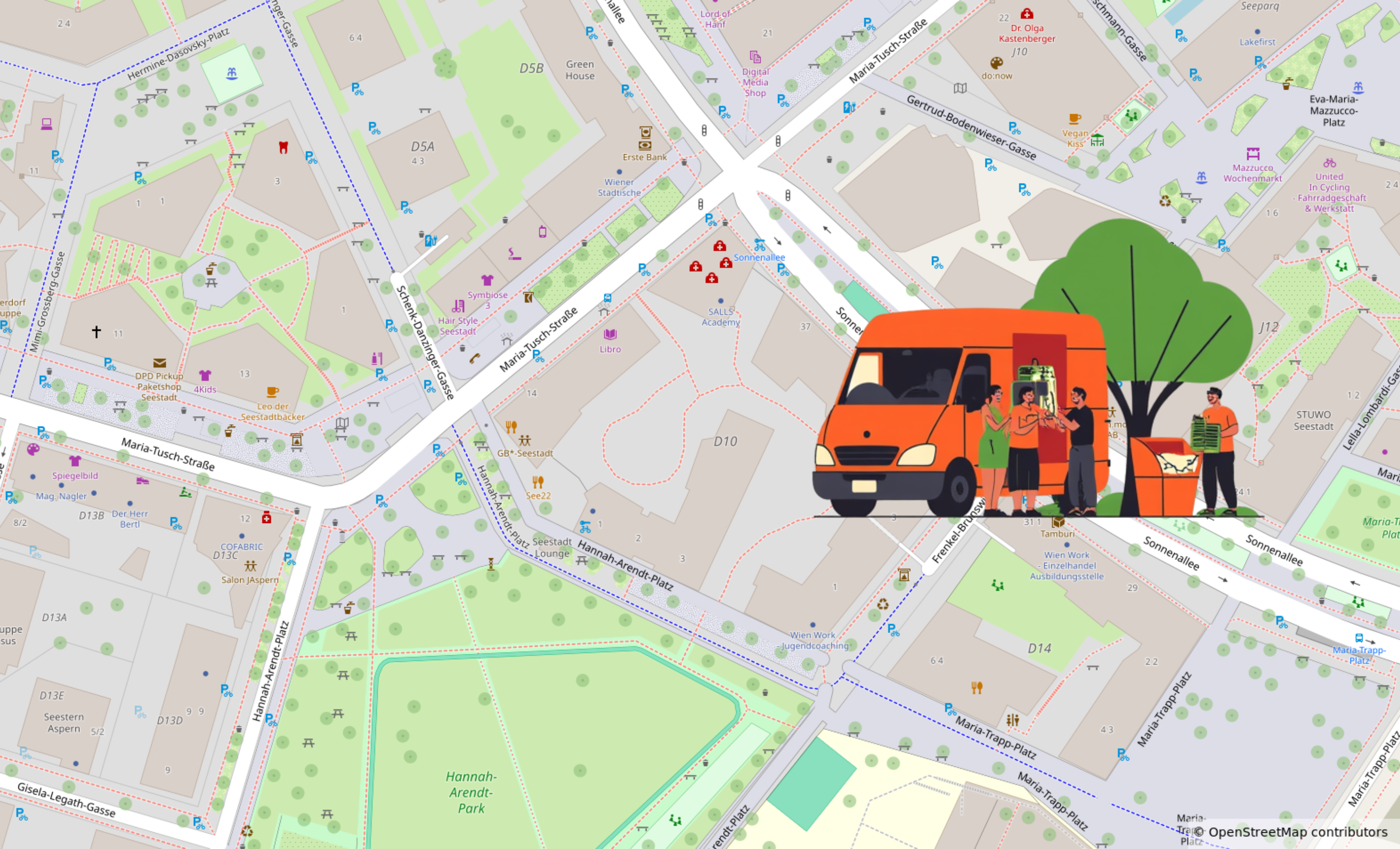 Illustrierter orangefarbener Bus mit Menschen, die Sondermüll abgeben, im Hintergrund ist ein Kartenausschnitt mit dem Hannah-Arendt-Platz zu sehen