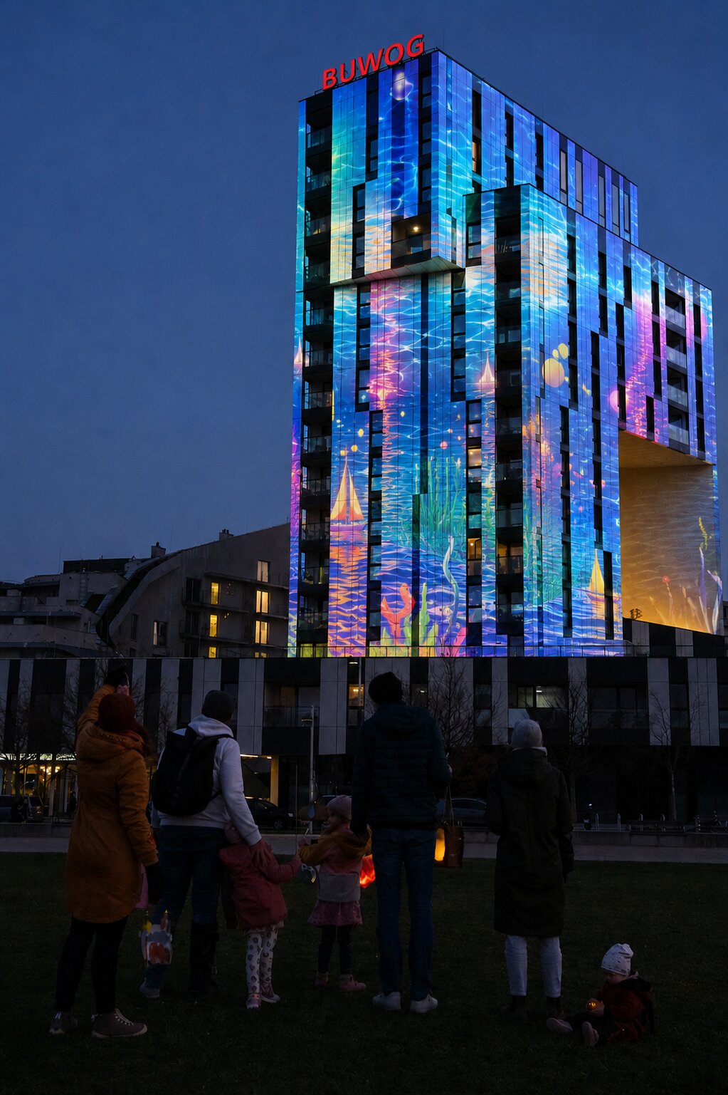 Projektion mit Licht auf einer Fassade eines Hauses, Leute stehen davor und bestaunen die Projektion 