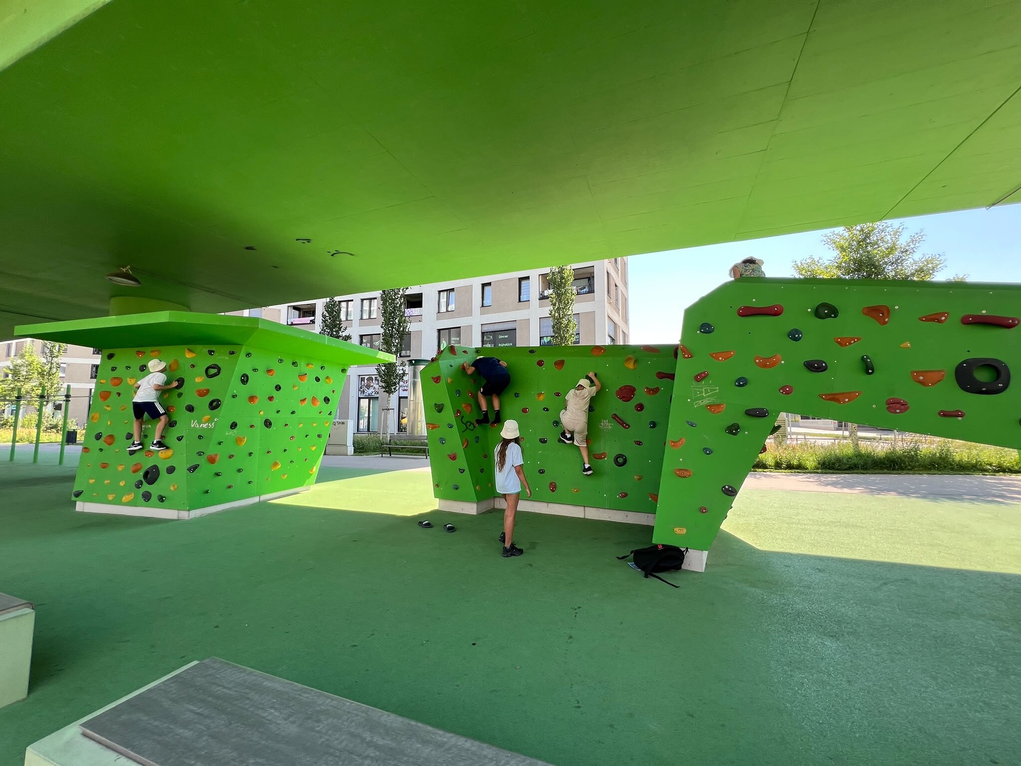Jugendliche klettern auf einer grünen Kletterwand