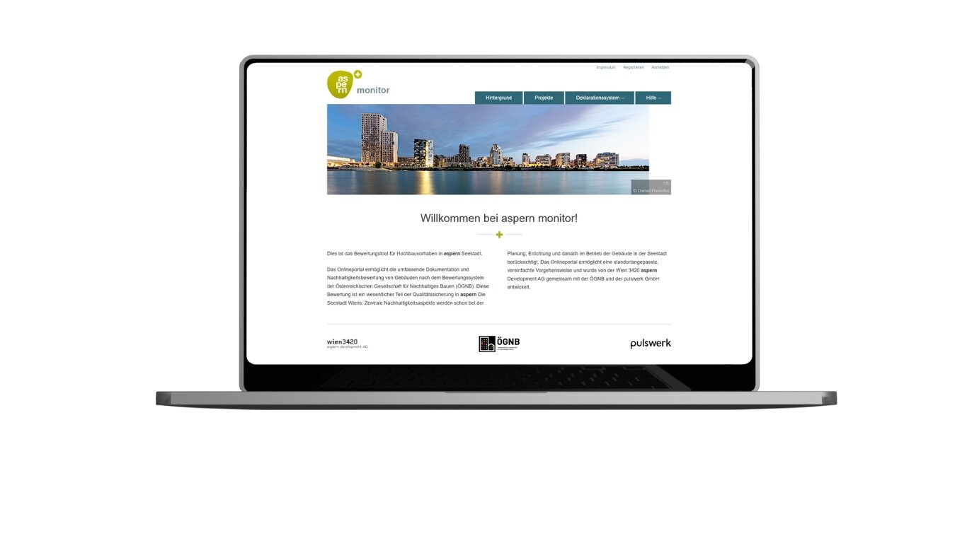 Mock-up eines Laptops mit der Startseite des aspern monitor.