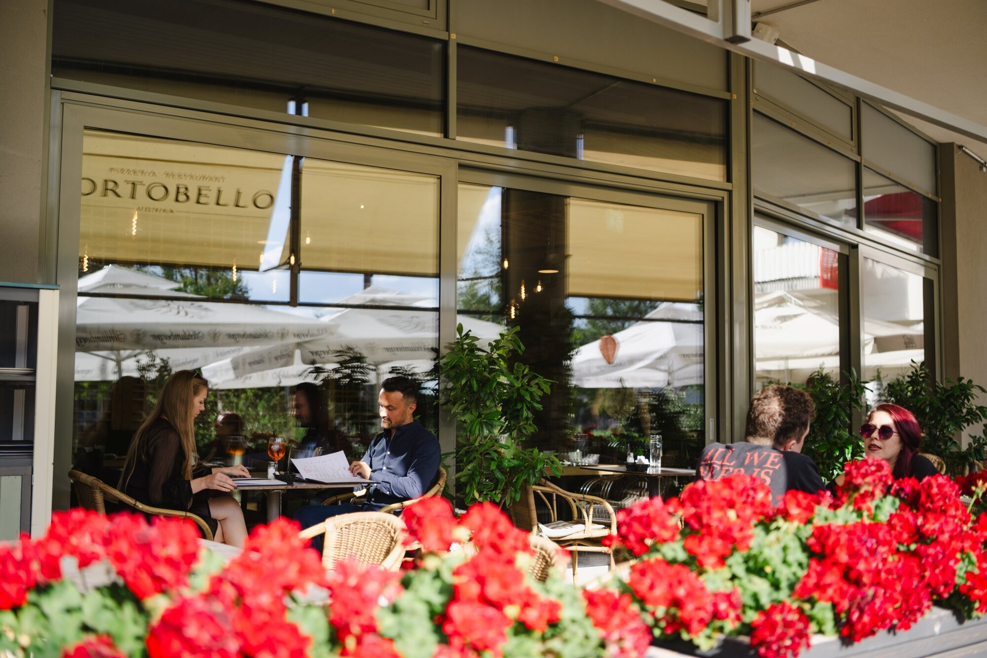 junge Menschen sitzen in einem schönen Gastgarten mit roten Blumen und Spiegelung der Stadt in den Fensterscheiben