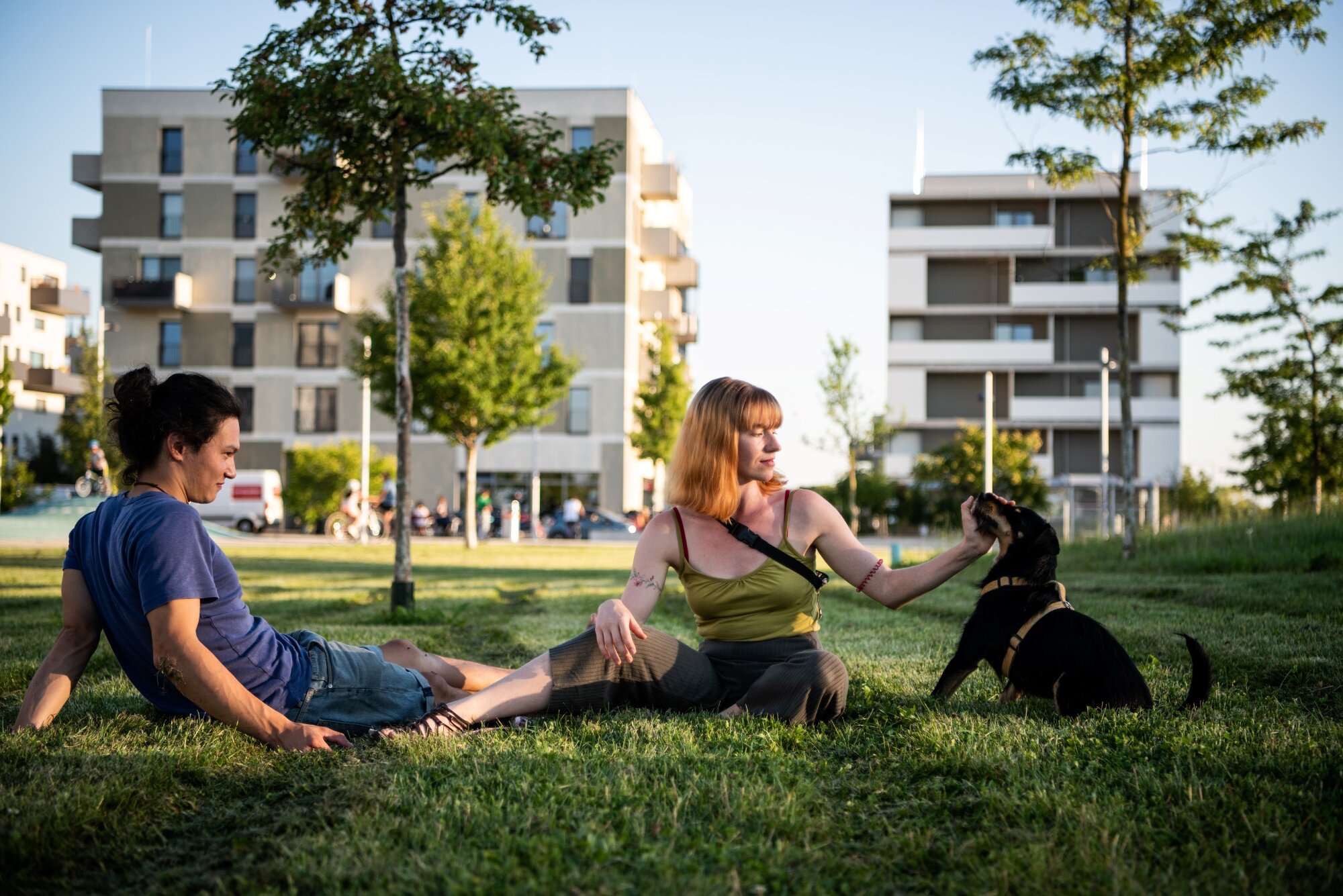 Grünraum für alle im Yella-Hertzka-Park ein junges Paar mit Hund entspannt auf einer großen grünen WIese mit Bäumen vor vierstöckigen modernen Wohnhäusern