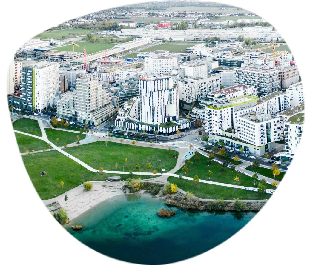 Luftbild von der Seestadt mit See und Häusern