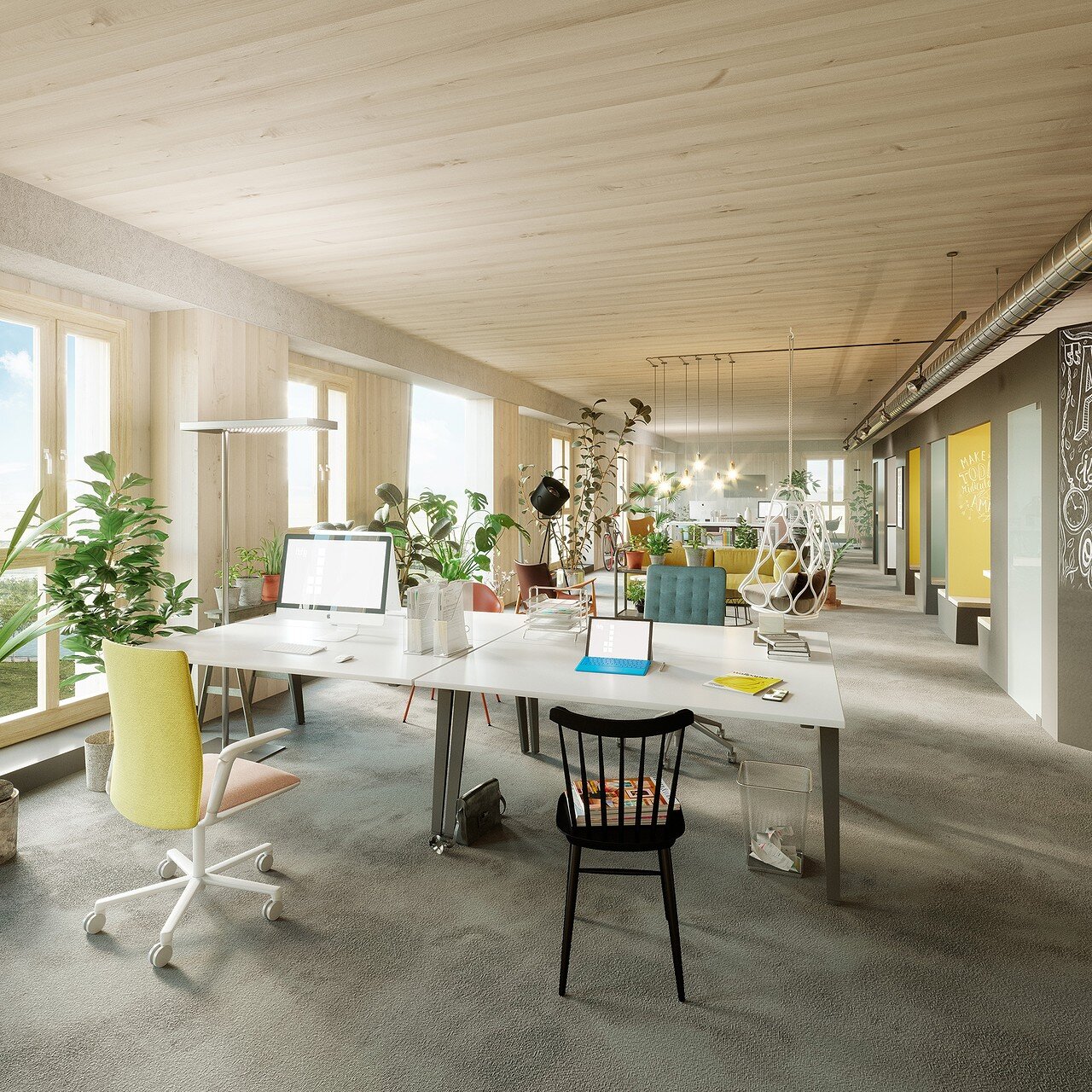 Modernes, helles Co-Working-Space in der Seestadt mit offenen Arbeitsplätzen, Pflanzen, großen Fenstern und kreativer Büroeinrichtung – inspirierendes Arbeitsumfeld mit nachhaltigem Design.