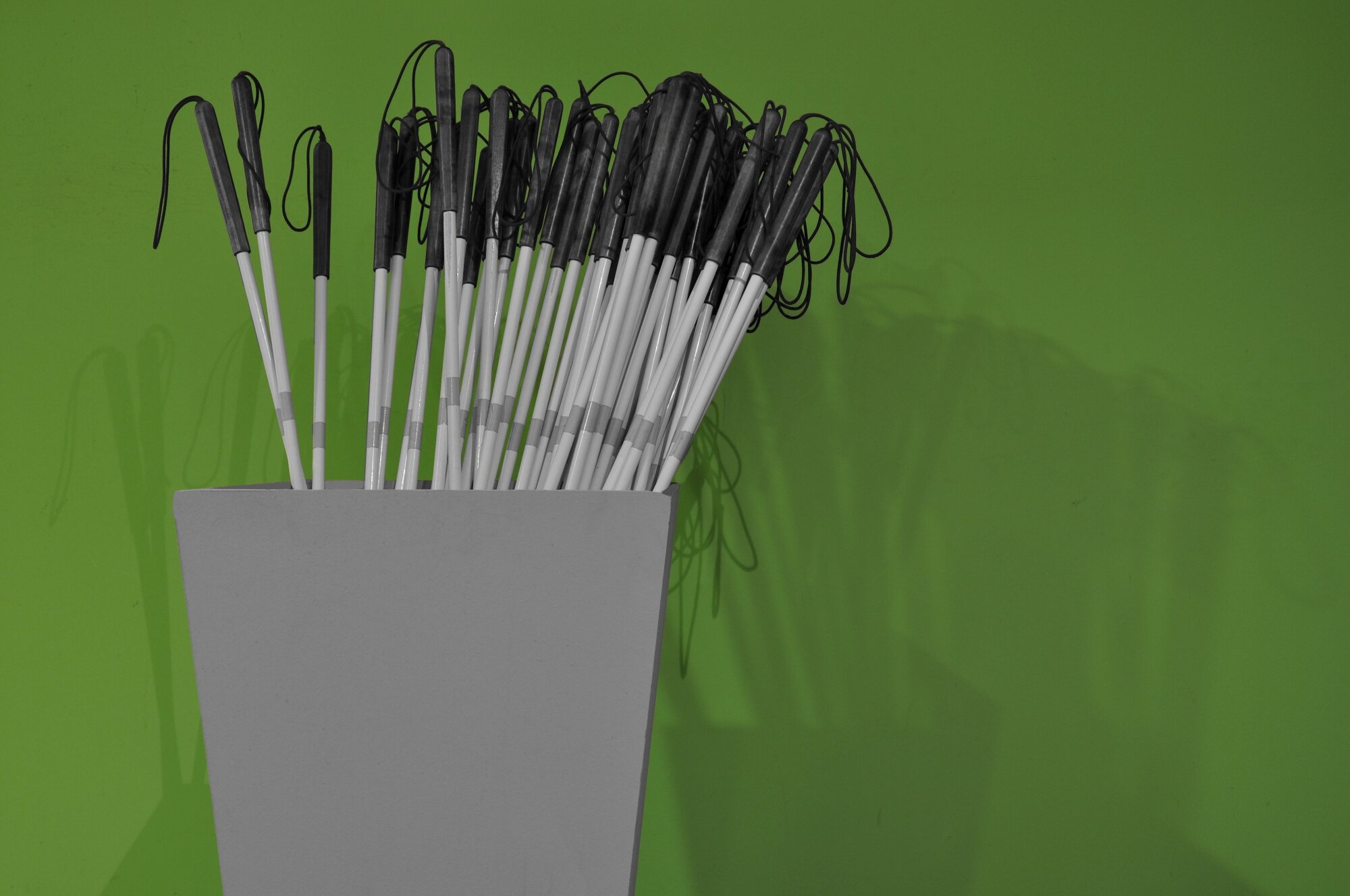 viele Blindenstöcke in einer Box vor grünem Hintergrund