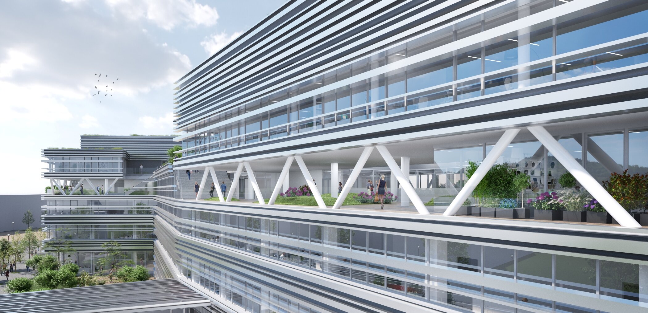 modernes Pharmaziegebäude mit langen Glasfronten