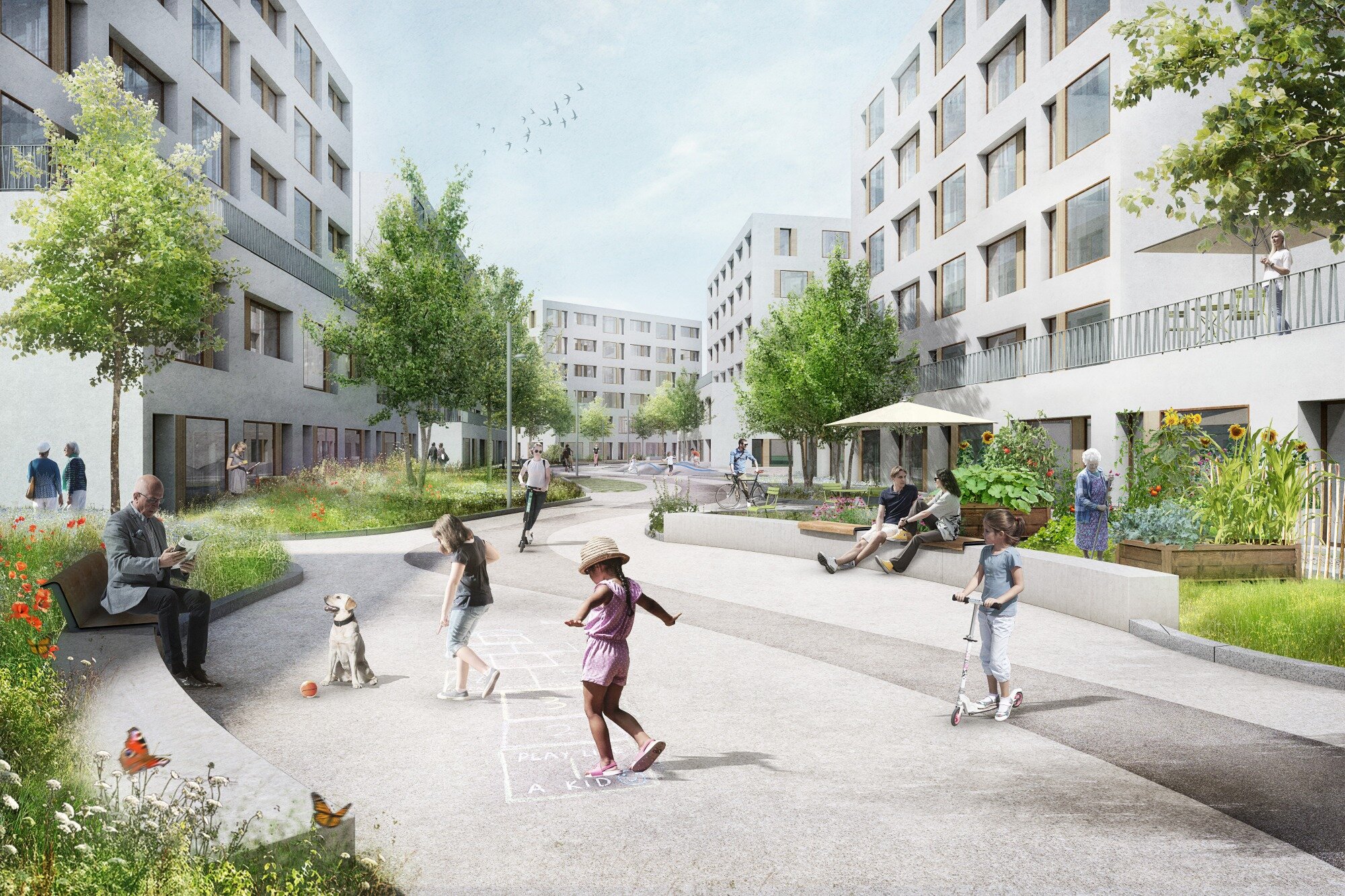 Das neue Quartier ist geprägt duch begrünte Begegnungszonen