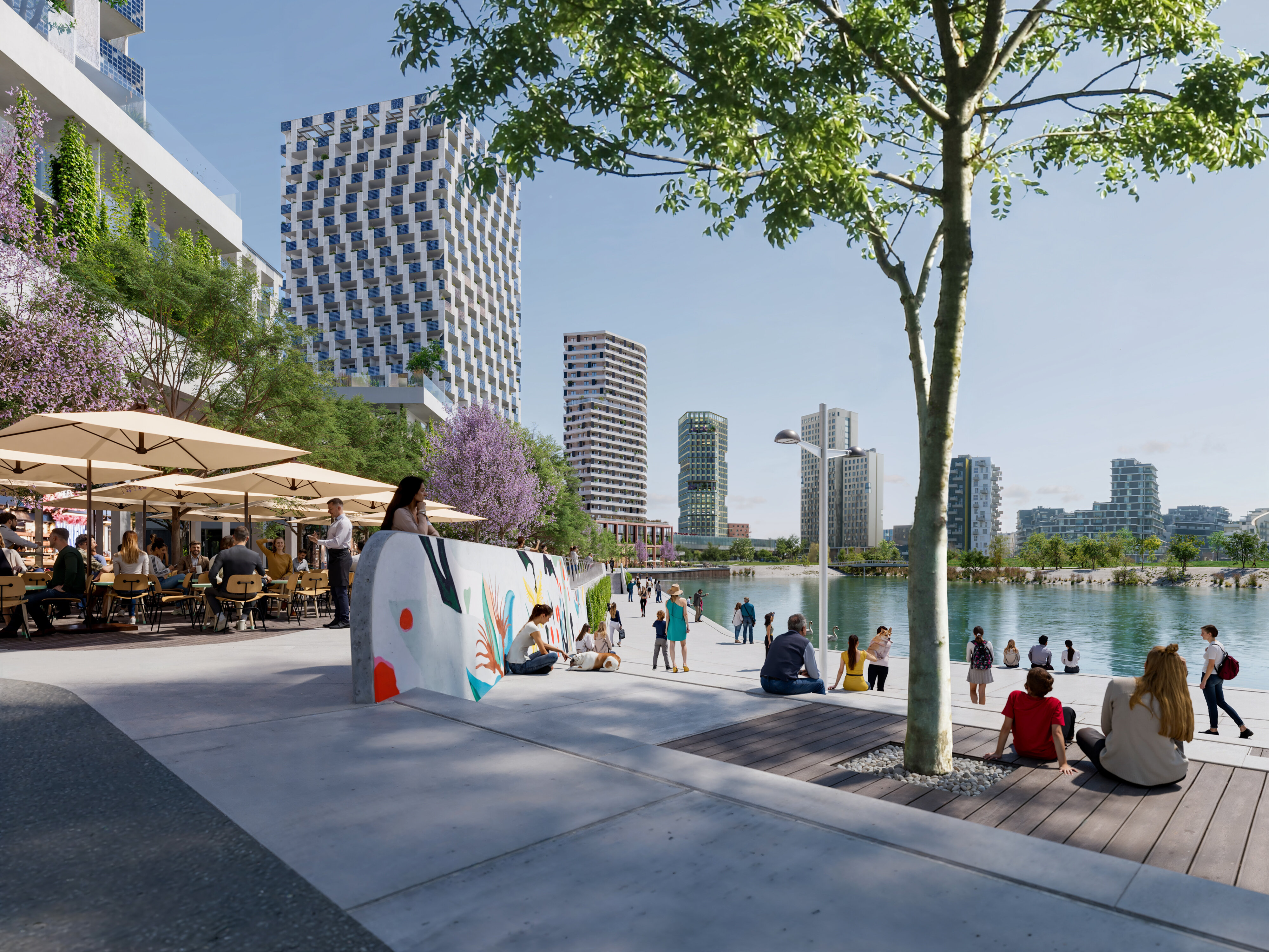 Visualisierung einer modernen Promenade mit Lokalen, Sitzstufen und Bäumen. 