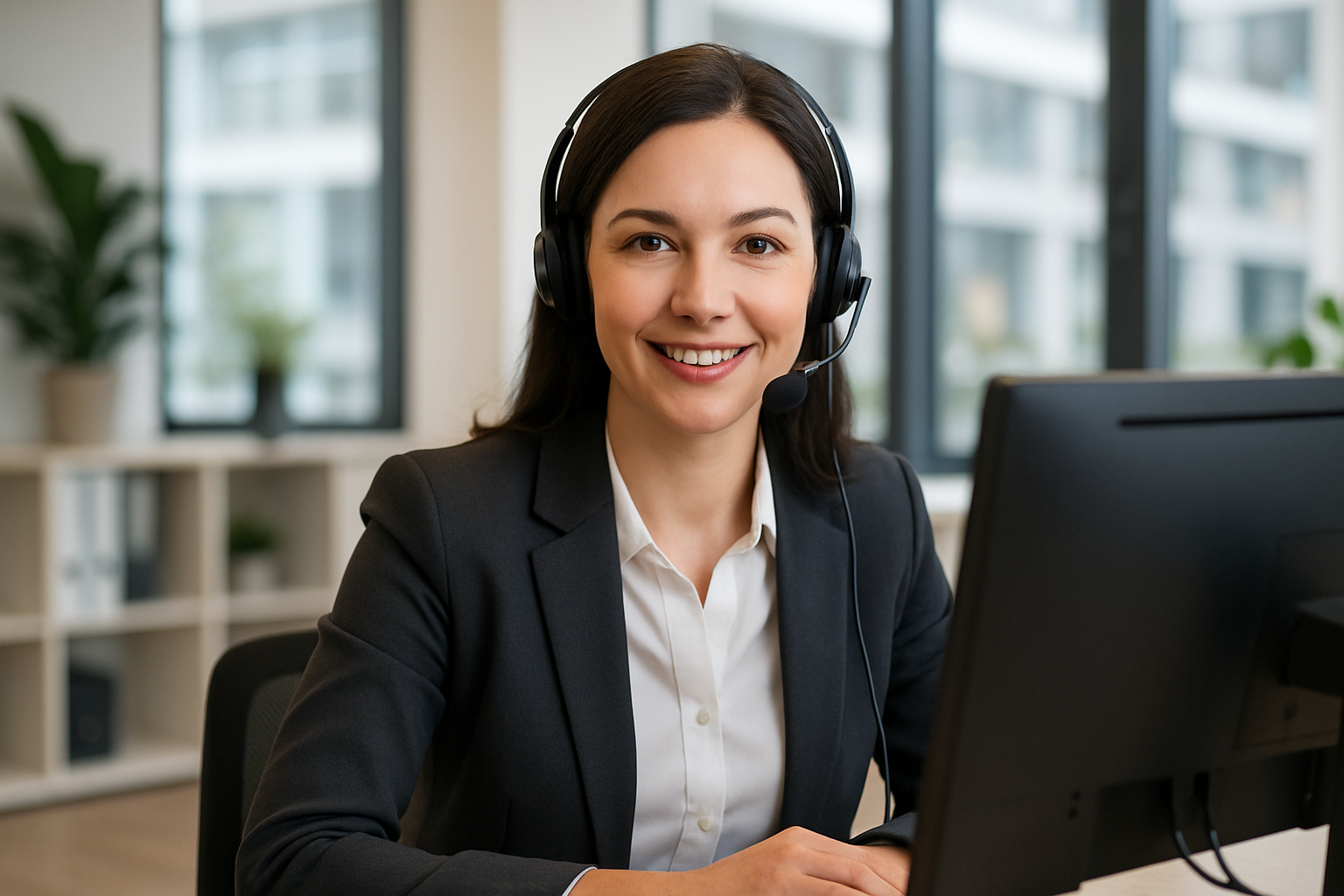 Eine junge Frau mit Headset sitzt an einem Schreibtisch und schaut direkt in die Kamera. Vor ihr steht ein Computer in einem modernen, hellen Büro.