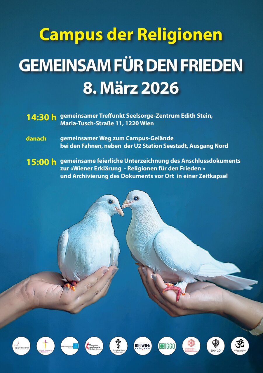 Plakat zur Veranstaltung Gemeinsam für den Frieden am 8. März, mit zwei weißen Tauben, die von zwei Händepaaren getragen werden. 