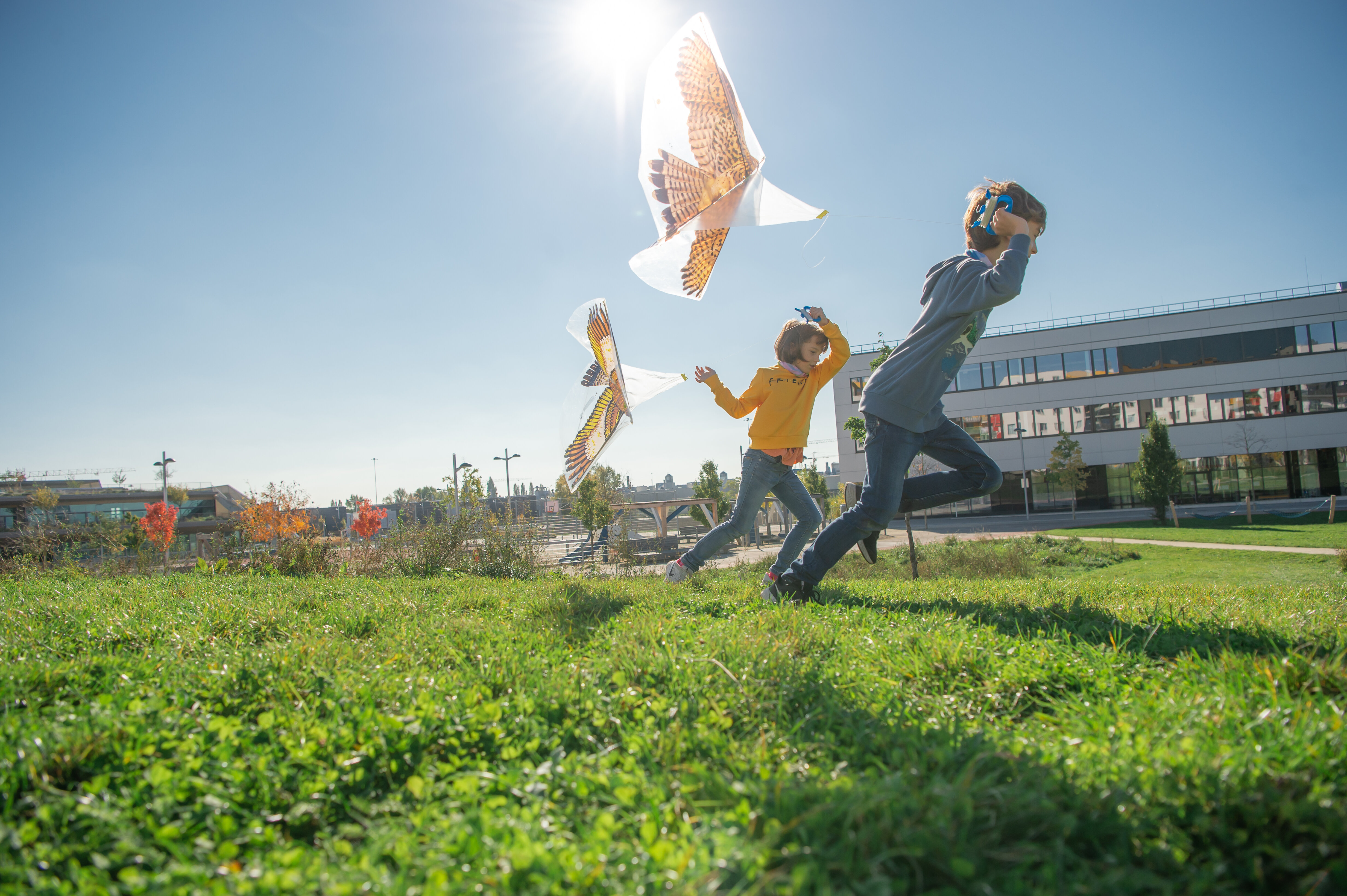 Kinder spielen mit Flugdrachen