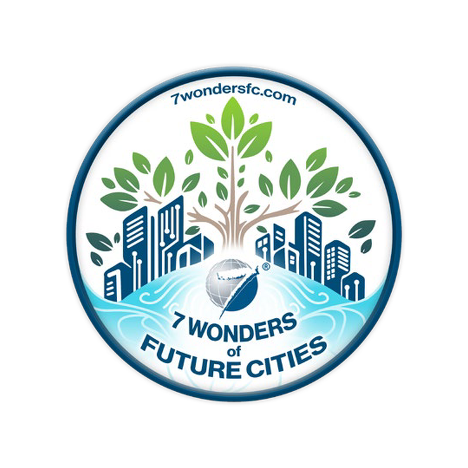 Logo der Initiative „7 Wonders of Future Cities“ mit stilisierter Stadt, Baum und Wasser