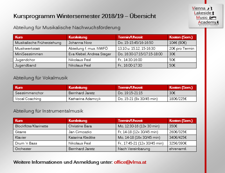 Das neue Kursprogramn der Vienna Lakeside Music Academy ist da. 