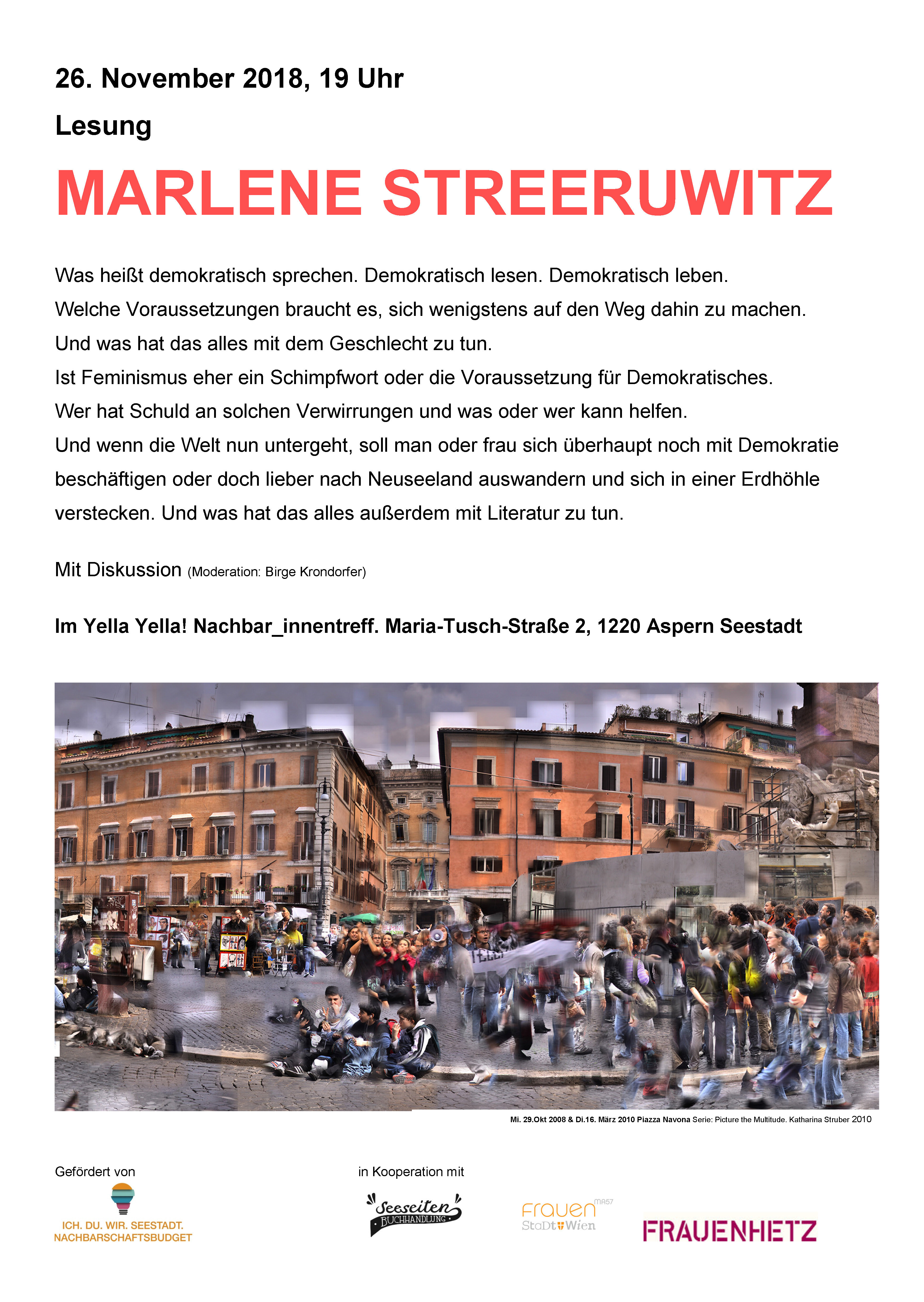 Kommen Sie zur Lesung von Marlene Streeruwitz