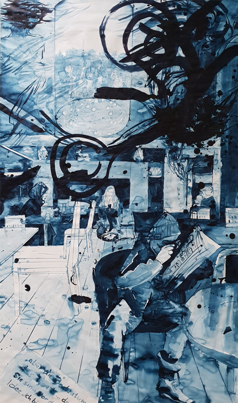 Briant Rokyta, Cafe Geier 2018, 85x150 cm, Tusche auf Papier