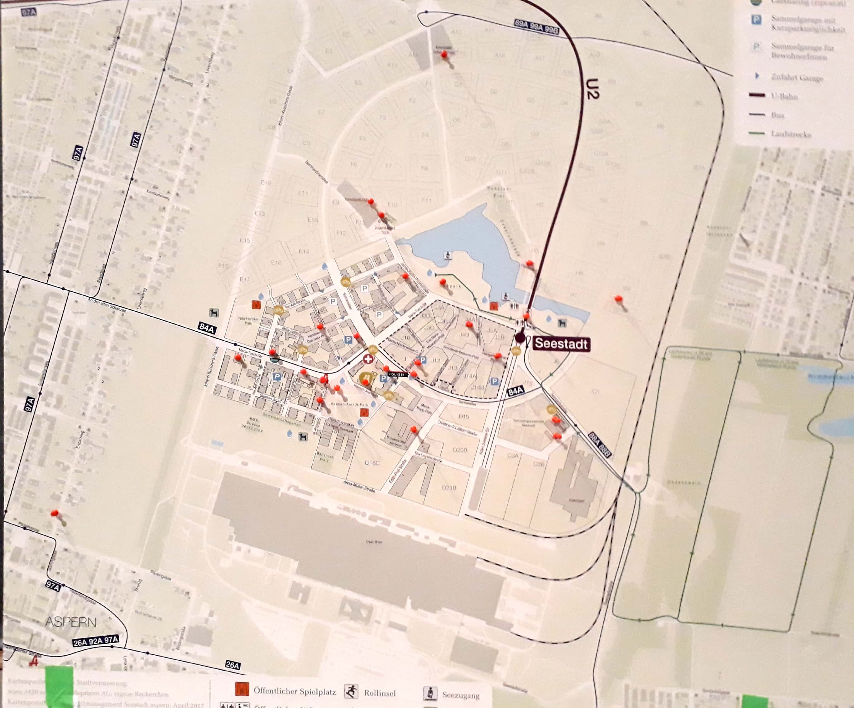 Orte in der Seestadt, an denen die TeilnehmerInnen von Kultur.vernetzt.Seestadt aktiv sind.