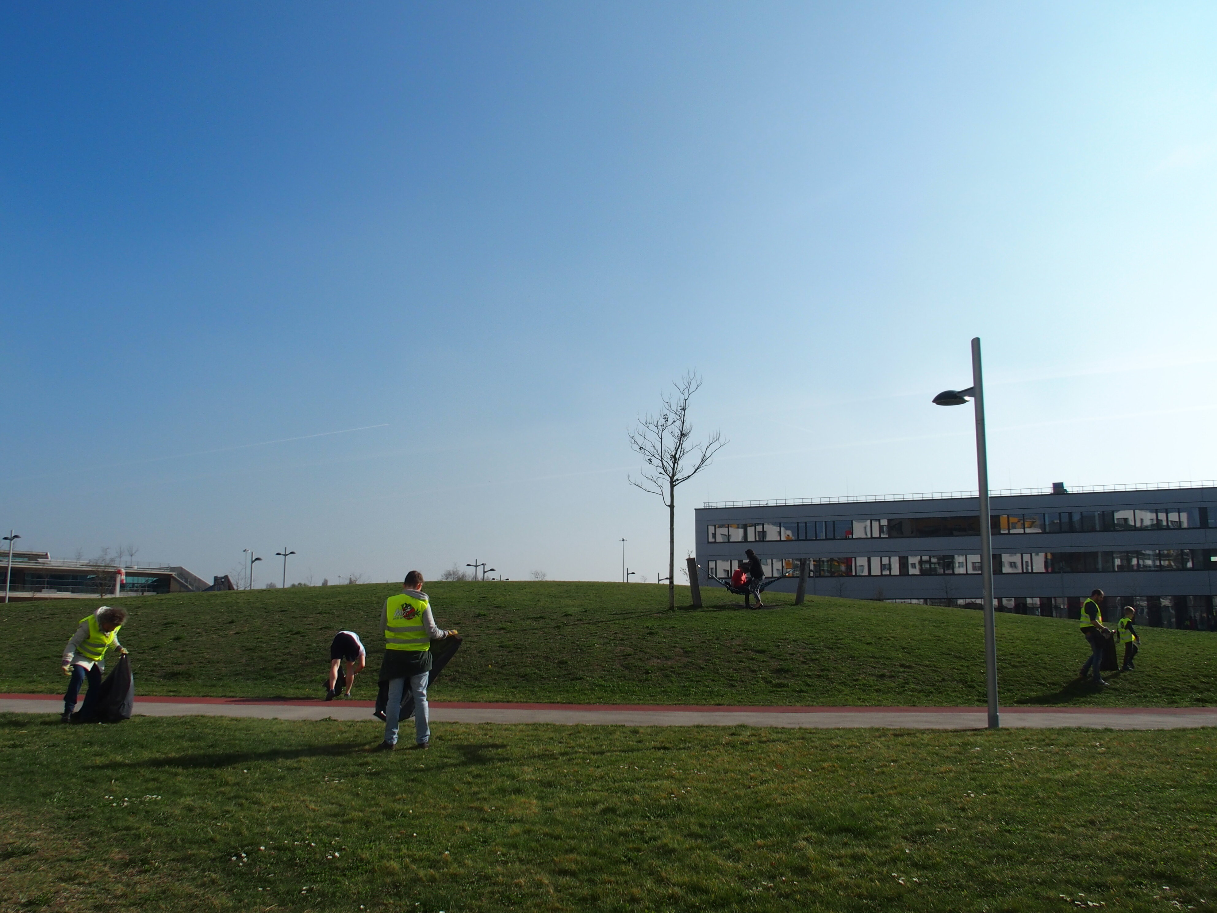 TeilnehmerInnen der Müllsammelaktion 2019 beim Müllsammeln im Hannah-Arendt-Park.