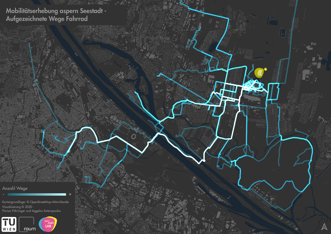 Die mit dem Fahrrad aufgezeichneten Wege zeigen unterschiedliche, häufig (hellblau) und weniger häufig (dunkelblau) genutzte Routen in die Innenstadt sowie Freizeitwege in die Lobau im Süden der Seestadt.