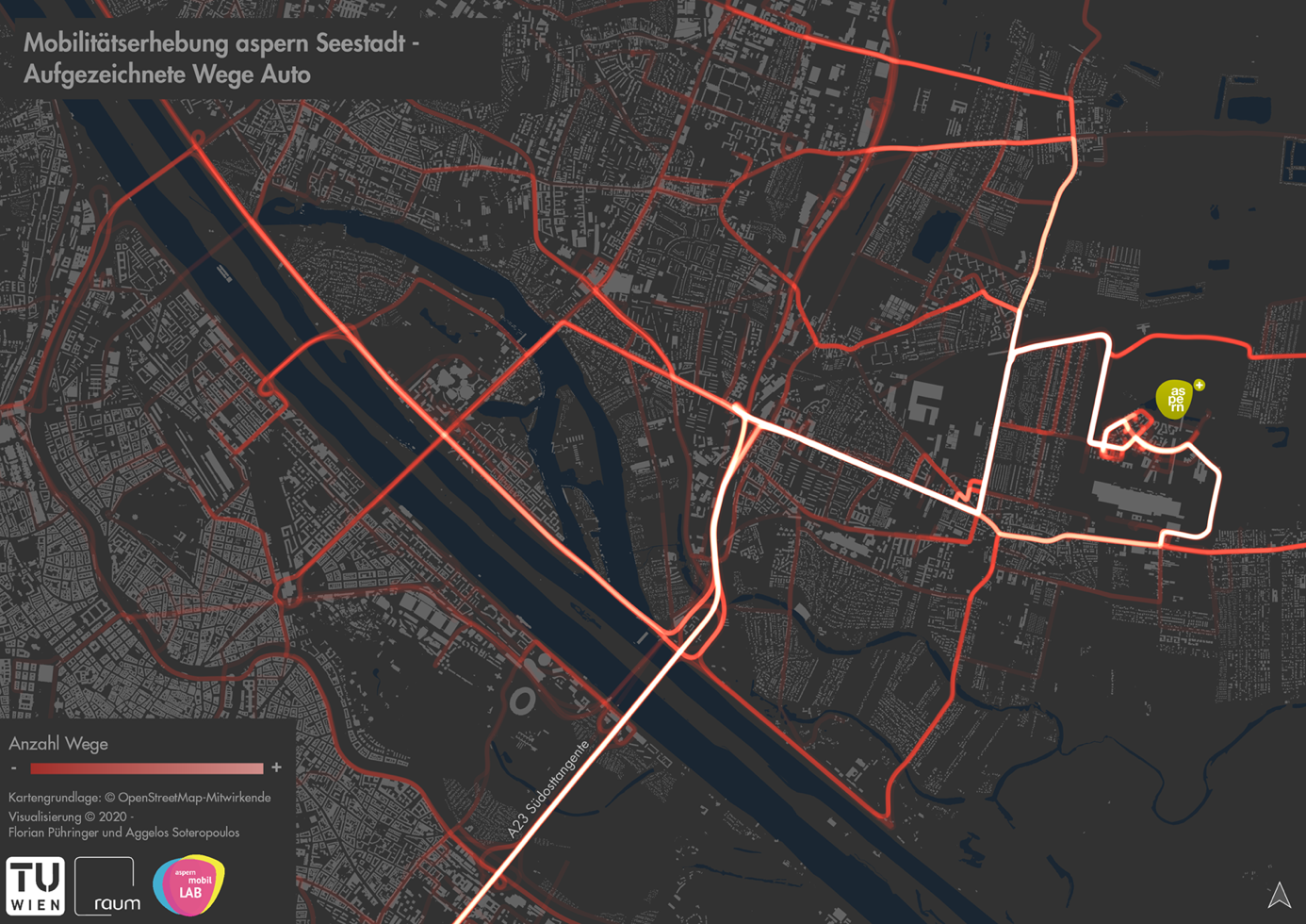 Für PKWs gibt es nur zwei Zufahrtsmöglichkeiten in die Seestadt – ein Großteil der Wege führt von dort auf die Südosttangente oder in die umliegende Donaustadt, zum Beispiel in das Gewerbegebiet Stadlau (hellrot).