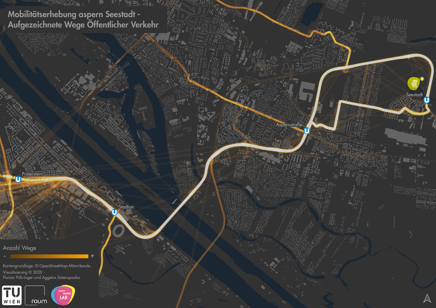 Die ÖV-Wege machen die Bedeutung der U-Bahn-Linie 2 sichtbar – zwischen der Station Aspernstraße und Seestadt zeigen sich anhand der zwei häufig genutzten Routen (hellorange) individuelle Präferenzen zwischen Autobus 84A und U-Bahn.