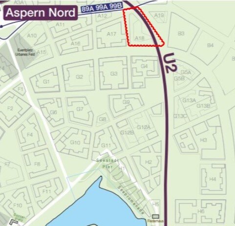 der Planausschnitt zeigt den neuen Standort des Studentenwohnheimes auf A18 im Bauareal Nord 