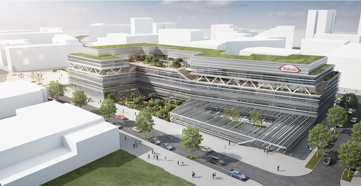 Modernes Gebäude (Visualisierung) mit Schriftzug Takeda