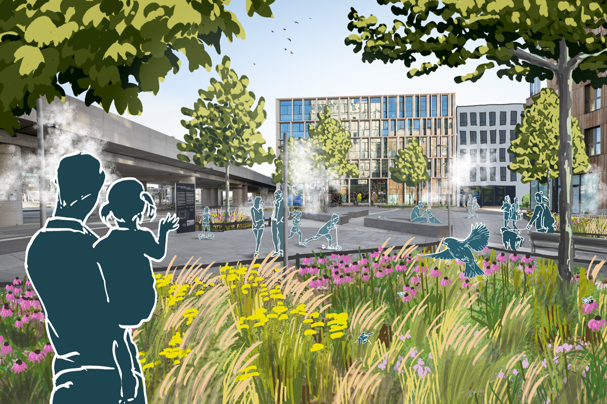 Visualisierung mit Bäumen, viel Grün und angedeuteten Menschen - im Hintergrund reales Foto des Wangari-Maathai-Platz in der Seestadt.