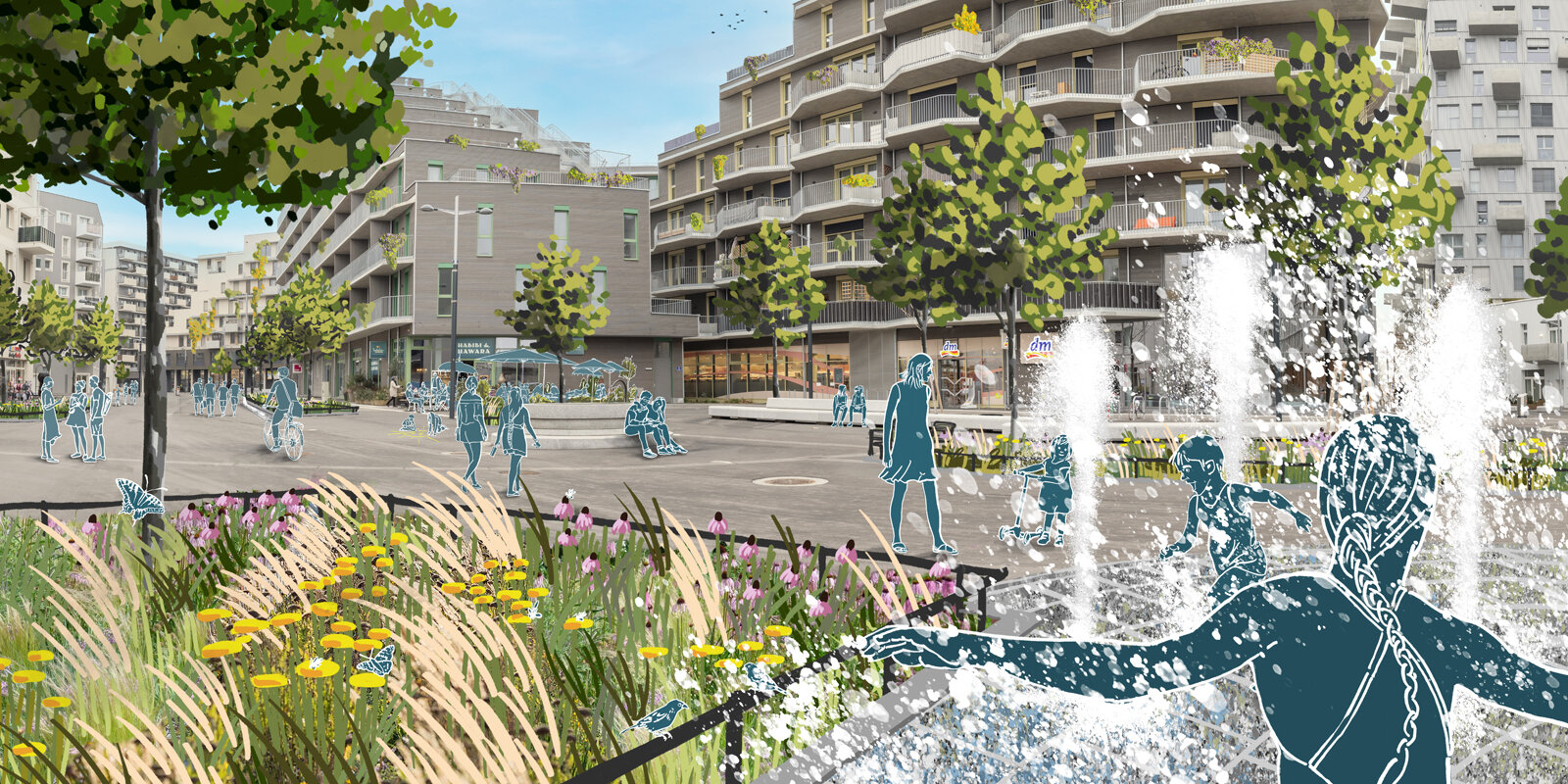 Visualisierung von Bäumen und Wasserspielen sowie angedeuteten Menschen. Im Hintergrund Foto des realen Simone-de-Beauvoir-Platzes in der Seestadt. 