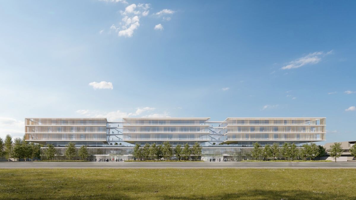 Rendering zu Zentralberufsschule Seestadt Aspern von Kronaus Mitterer Architekten.