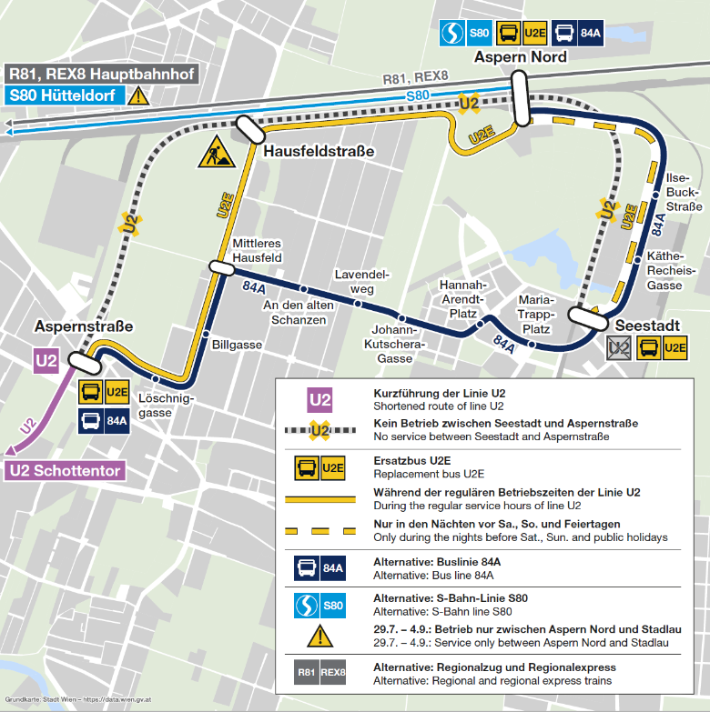 U2 Seestadt Karte mit Ersatzroute