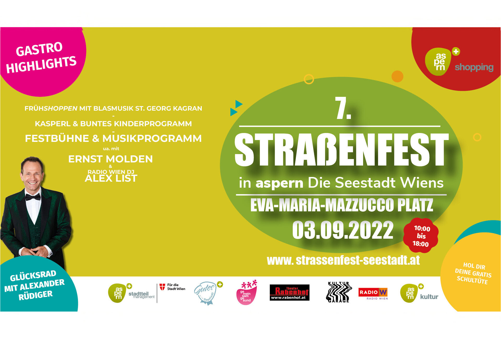 bunter Einladungsflyer zum Straßenfest in der Seestadt am 3. September
