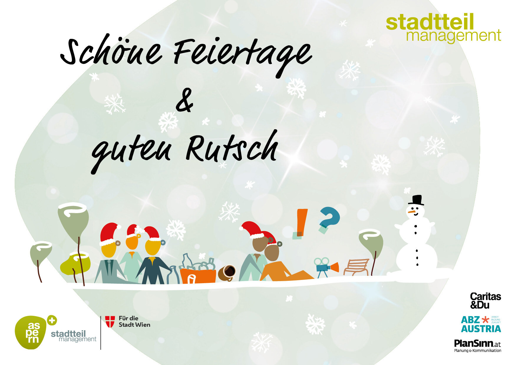 Grafische Grußkarte mit Grüßen vom Stadtteilmanagement: Schöne Feiertage & guten Rutsch