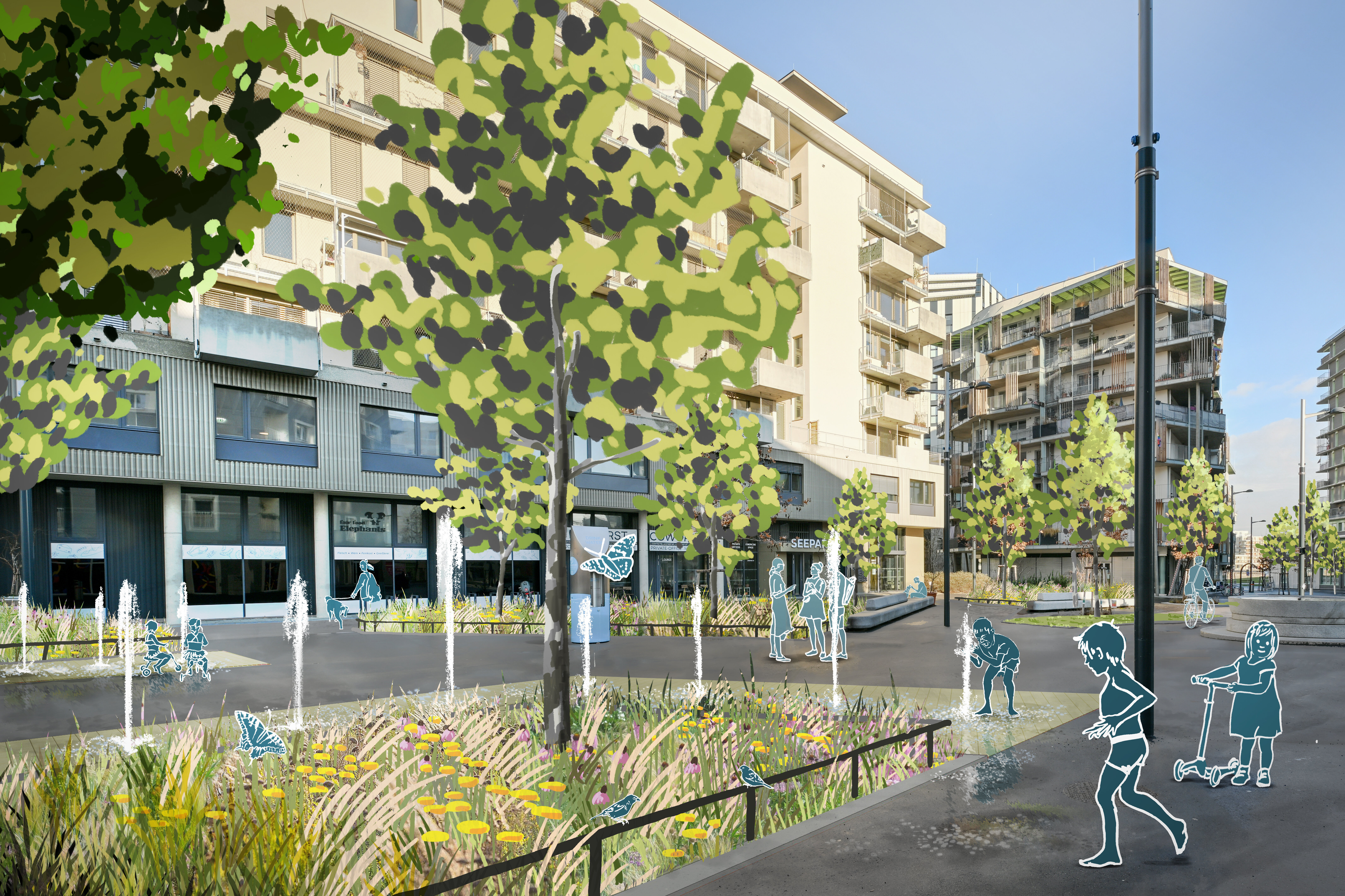 Illustration Begrünung Eva-Maria-Mazzucco-Platz im Seeparkquartier