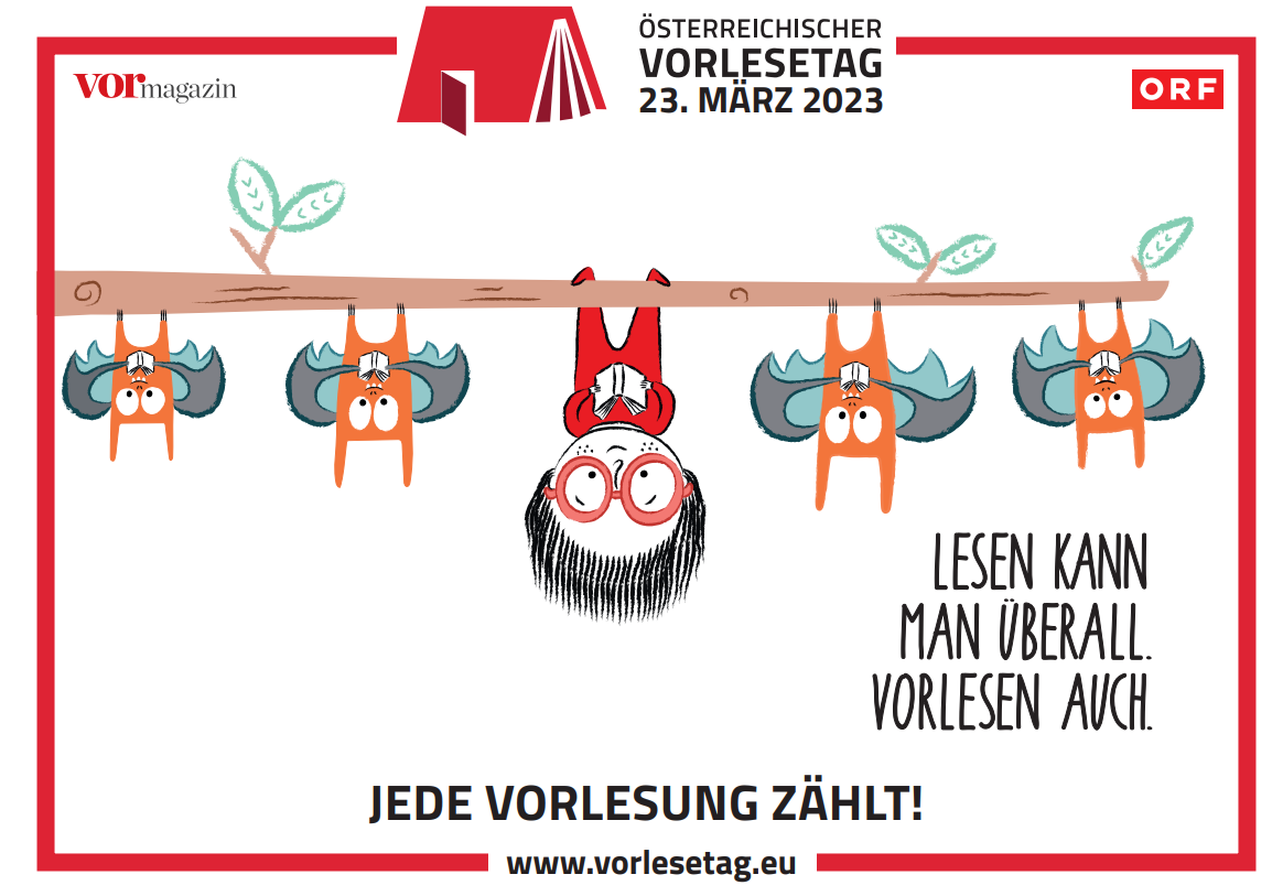 Werbeplakat des Wiener Vorlesetages mit dem Text: Vorlesen kann man überall. Zuhören auch.