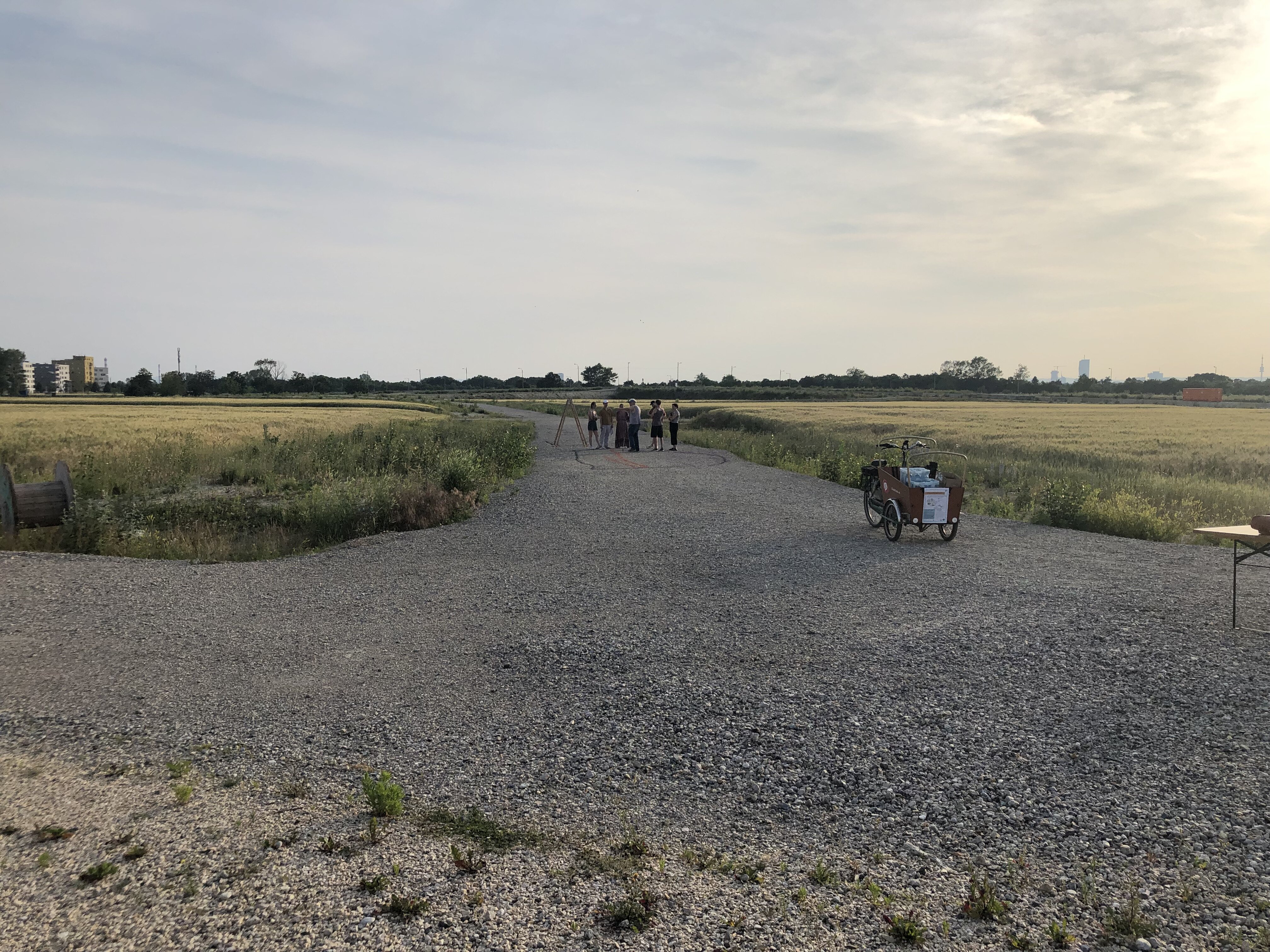 Menschen stehen in der Ferne auf einem Feld