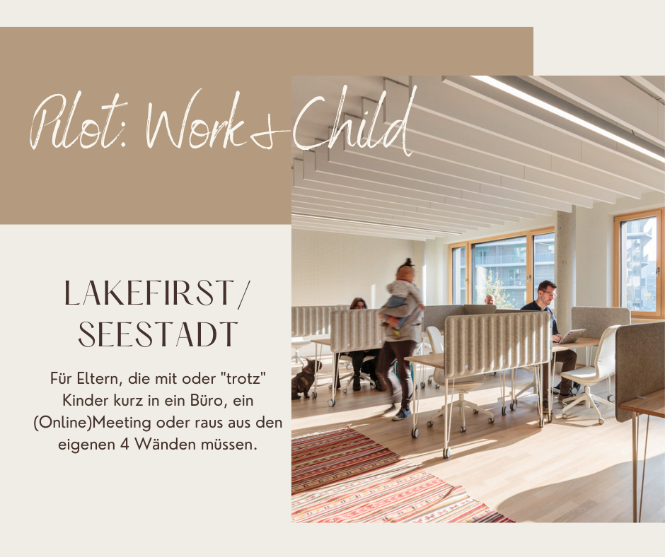 ein helles Büro mit einer Frau die ein Kind im Arm hält